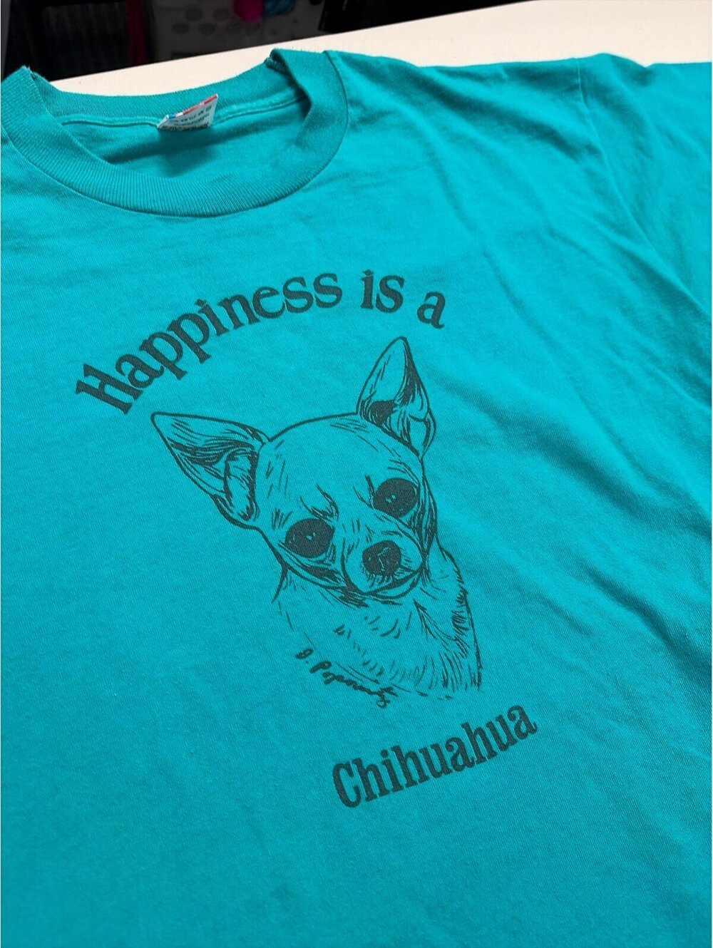 Vintage 90s Fruit of the Loom Happiness is a Chihuahua Dog T-Shirt Teal XL USA